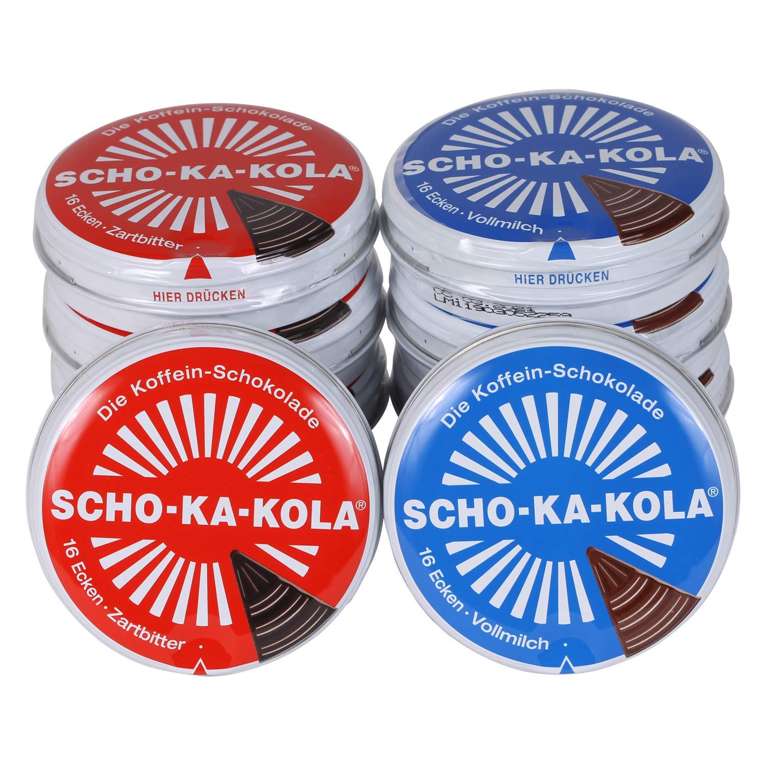 SCHO-KA-KOLA Original - Zartbitter 10er Pack (10x 100 g) & Vollmilch 10er Pack (10 x 100g) I Schokoladen-Tafel in der Dose I Koffein Schokolade I Schokoladen Snack I Kaffee Knabberartikel