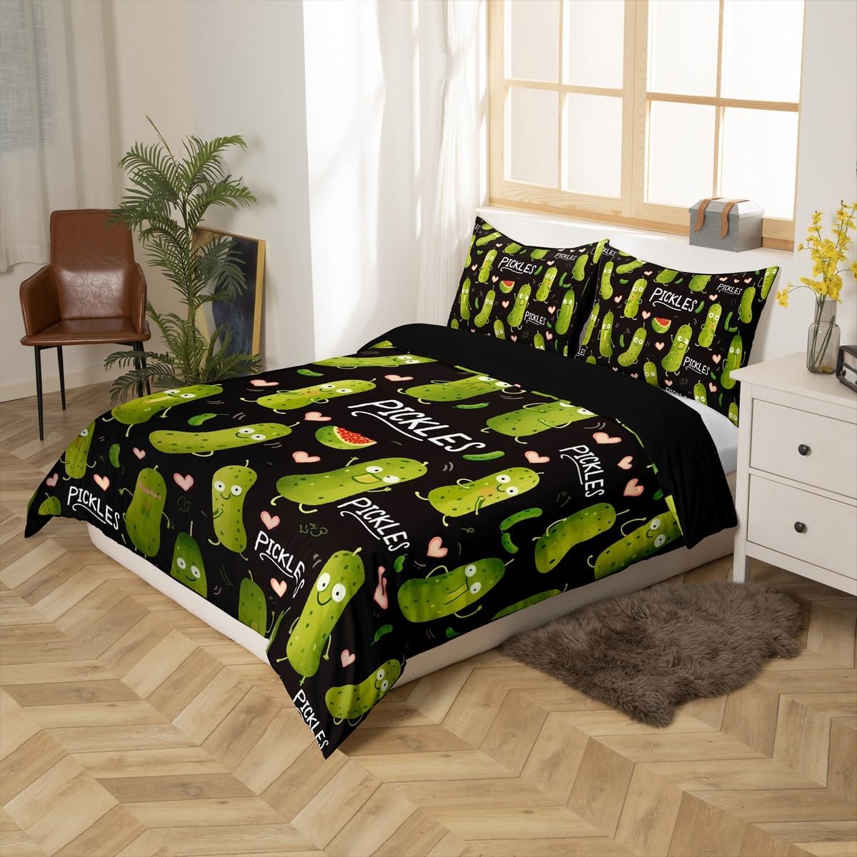 Erosebridal Pickle Comforter Cover Kawaii Cucumber Kids Duvet Cover Dill Pickle Bedding Set Twin Love Heart Decor Bed Cover for Boys Girls Teens Bedroom Decor
