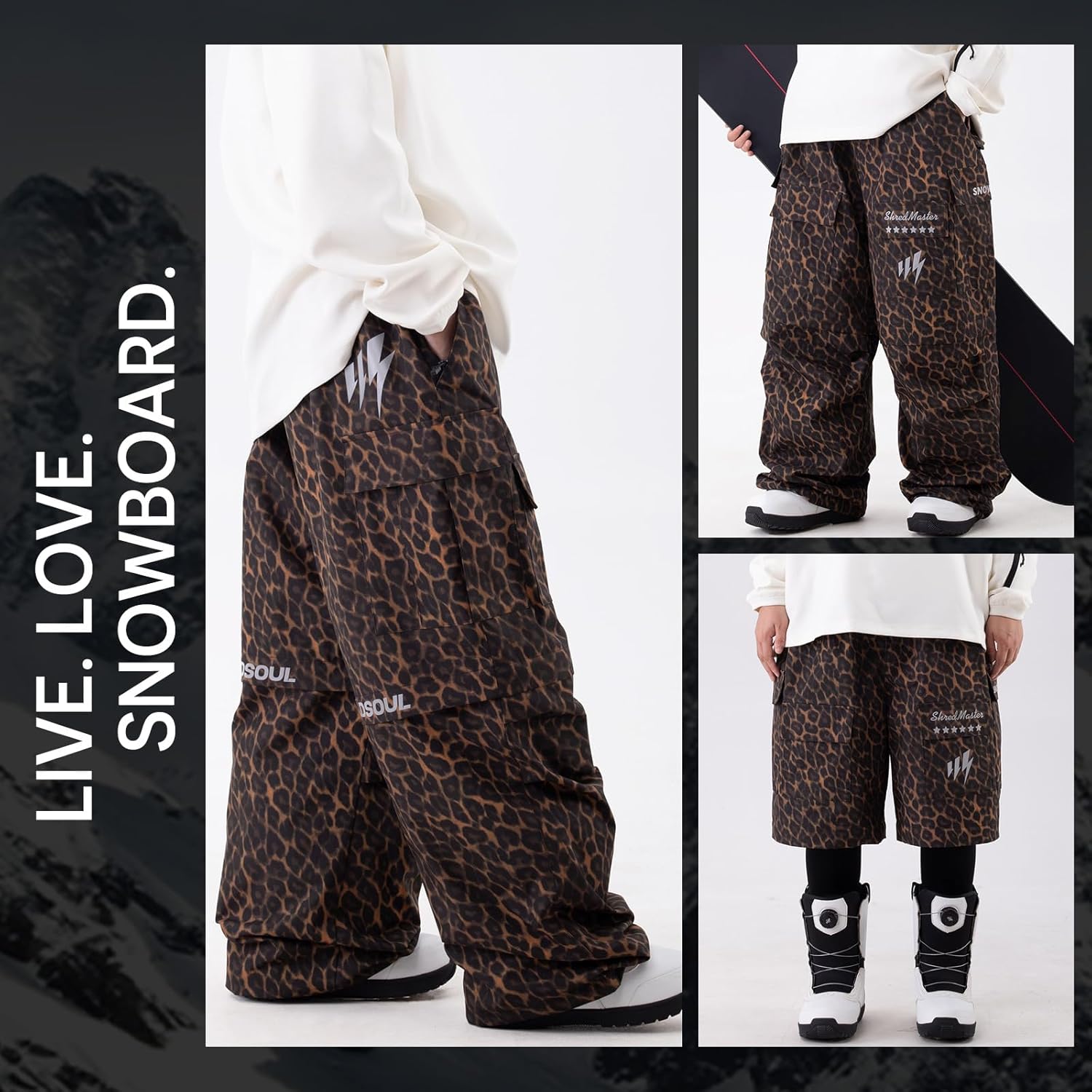 SNOWVERB Womens Mens 2-in-1 Detachable Baggy leopard Snow Pants to Shorts Cargo Ski Snowboard Outdoor Pants for All-season
