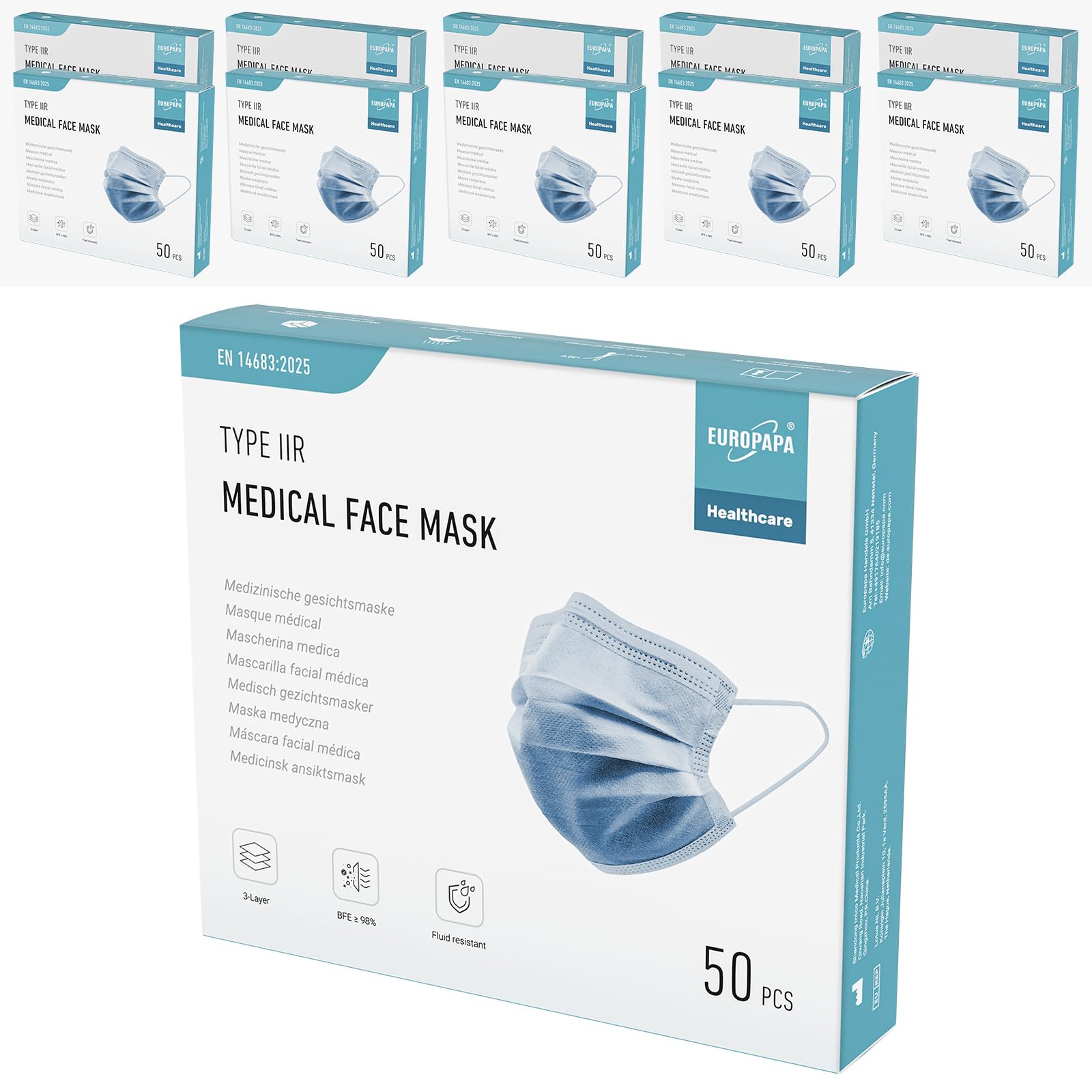 EUROPAPA® Blau Medizinisch Type IIR Norm EN14683 TÜV CE zertifizierte Mundschutzmasken OP Masken 3-lagig Mundschutz Gesichtsmaske Einwegmaske BFE ≥ 98%, 10 Box (500 Stück)