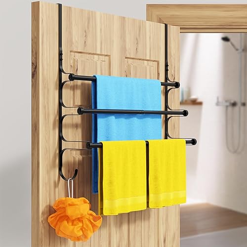 Miniatura 4 de Toallero para colocar sobre la puerta, toallero para puerta de baño, soporte triple para almacenamiento de toallas con ganchos (negro mate, 17.32