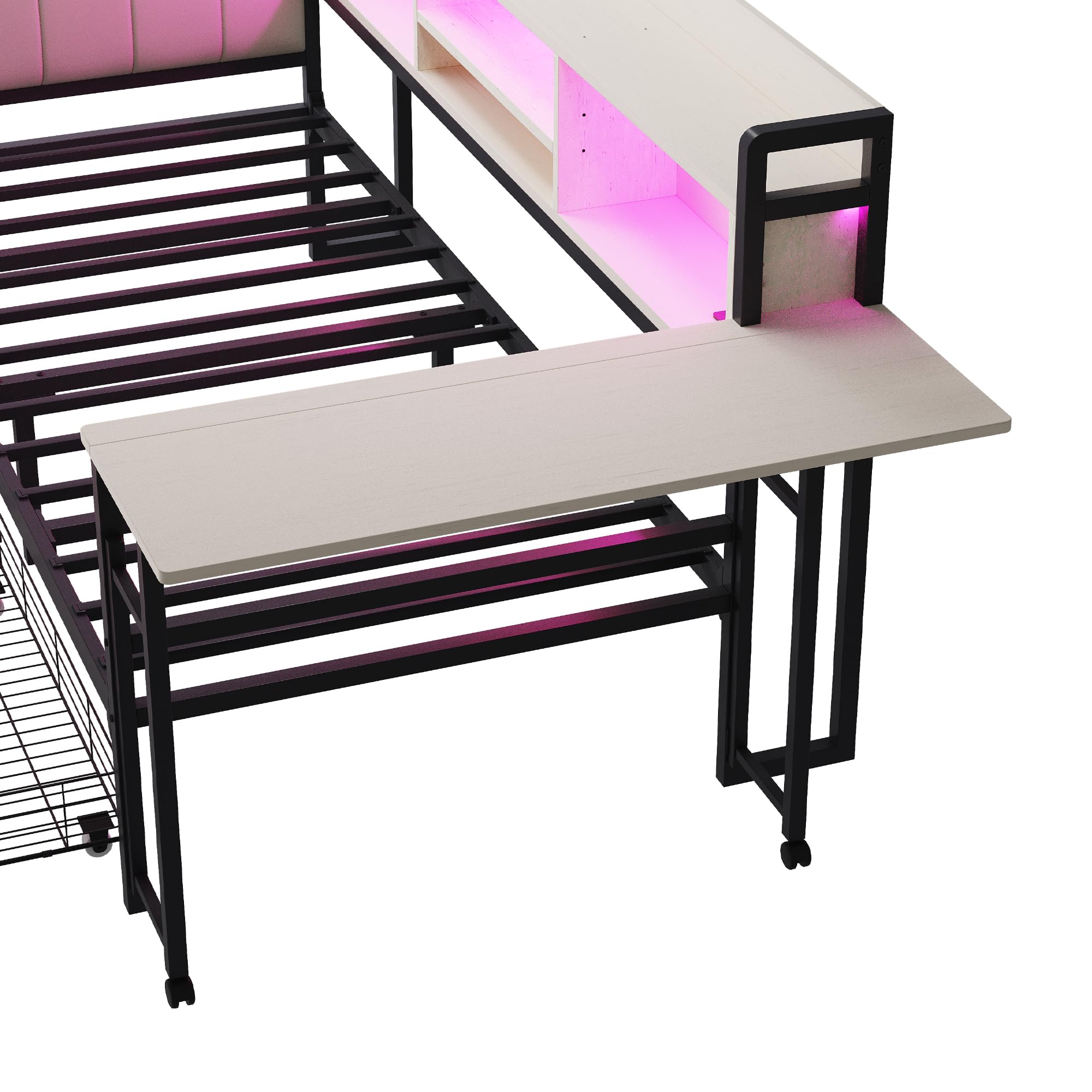 Lcoho Divano letto in ferro 90 x 200 cm, con illuminazione a LED e spazio di archiviazione, con cassetti e presa multifunzionale, scrivania pieghevole, schienale morbido, letto singolo (bianco)