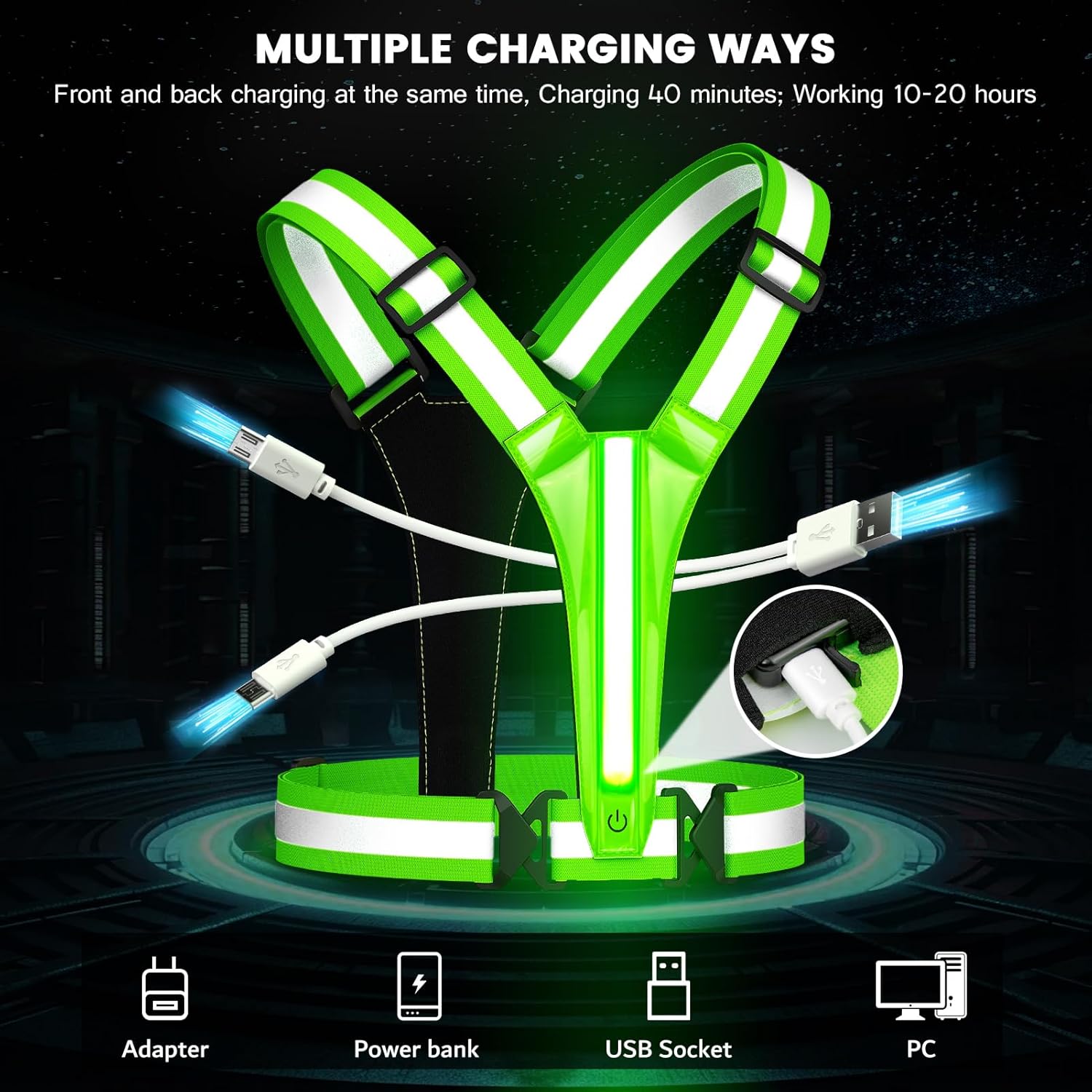 LED Reflective Running Vest Gear,Light Up Vest Runners Night Walking USB Rechargeable,Up to 11hrs Light with Adjustable Waist/Shoulder for Women Men Kids - Image 4