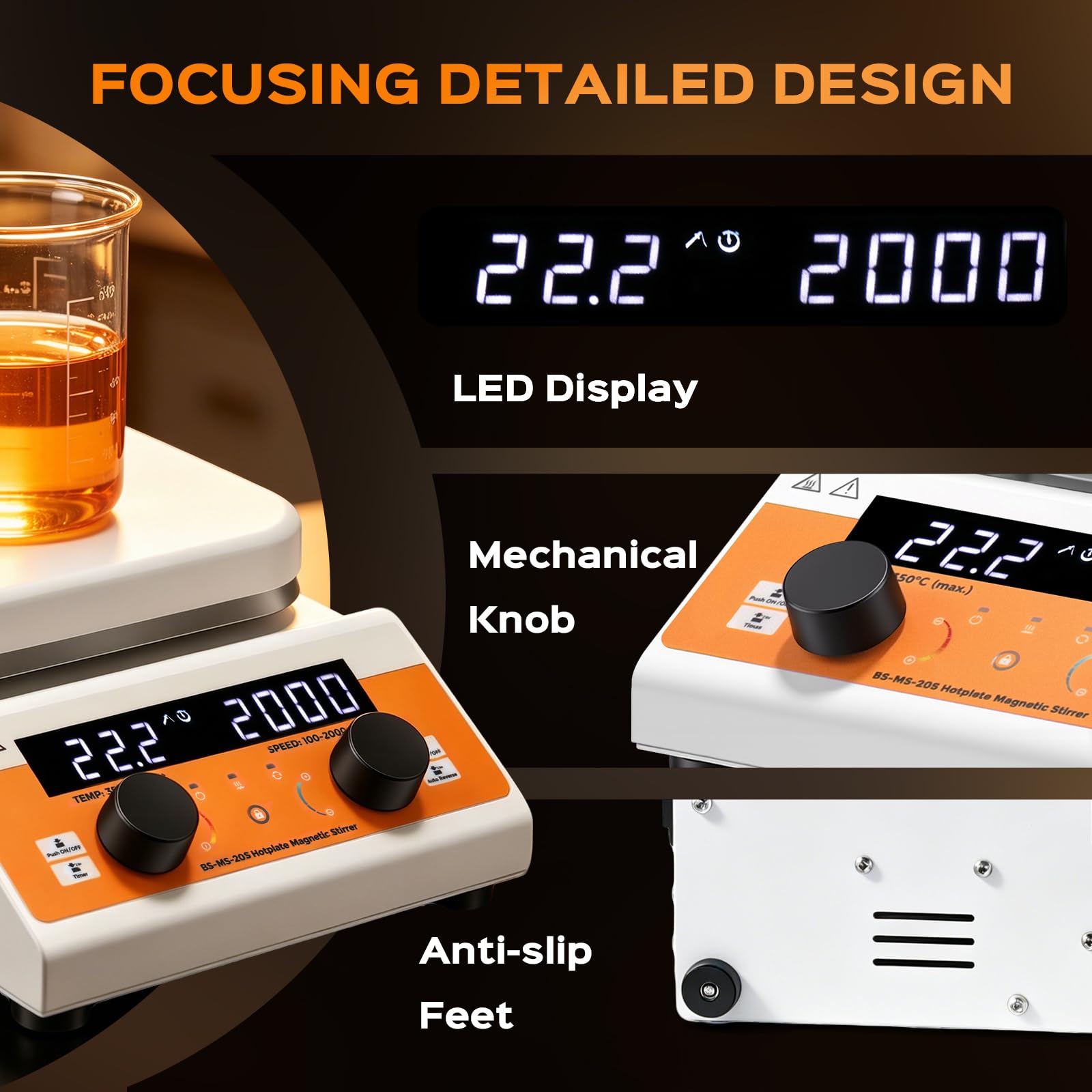 Bonvoisin Magnetrührer-Heizplatte 20L, 350°C Digitaler Labor-Mischer mit 800W Heizleistung und 180mm Keramik-Heizplatte, 100-2000 U/min, Timer, Automatische Richtungsumkehr, mit 2 Rührstäben und Stati