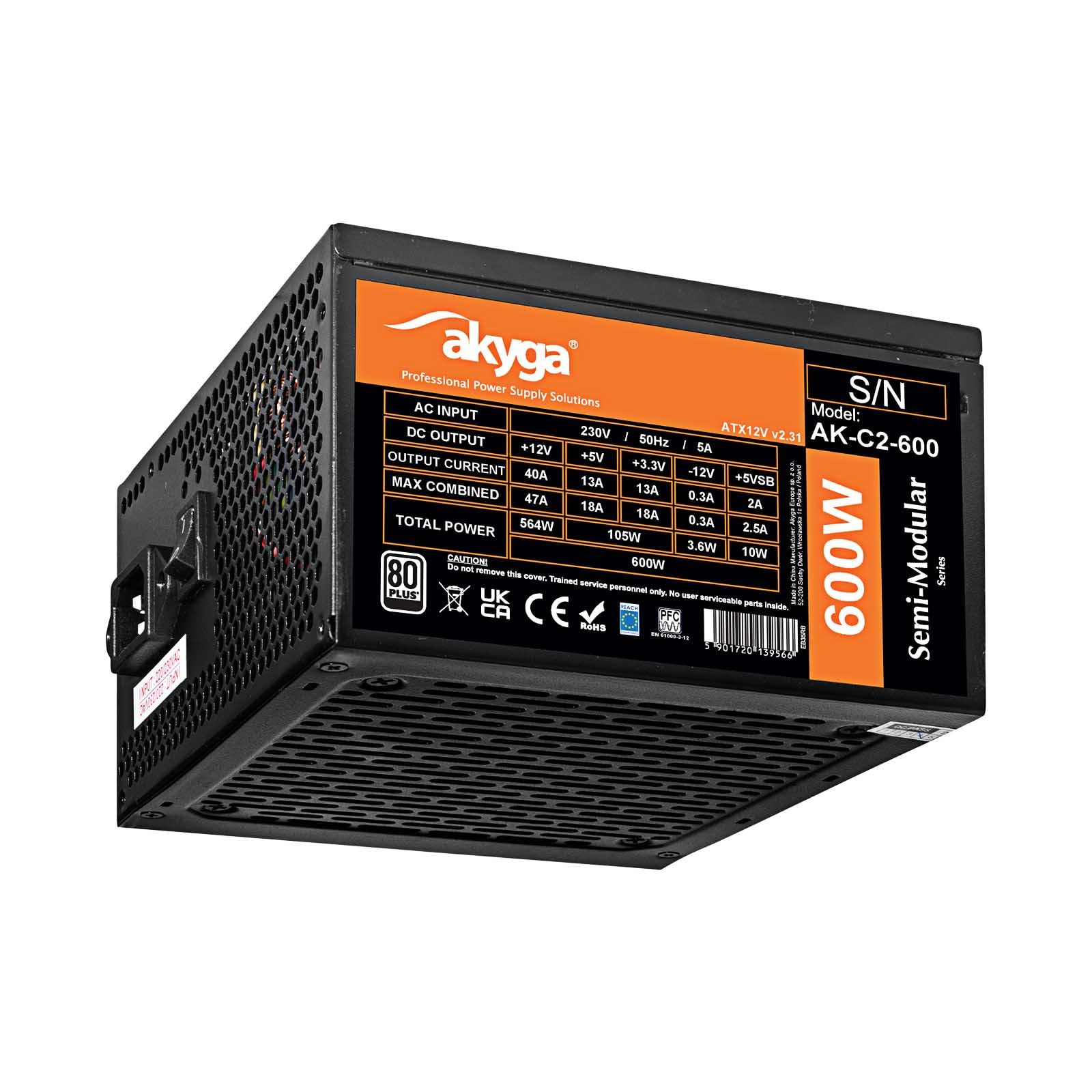 Akyga ATX zasilacz 600W AK-C2-600 półmodular P4+4 2X PCI-E 6+2 pin 5X SATA 3X Molex Fan 12cm 80 Plus