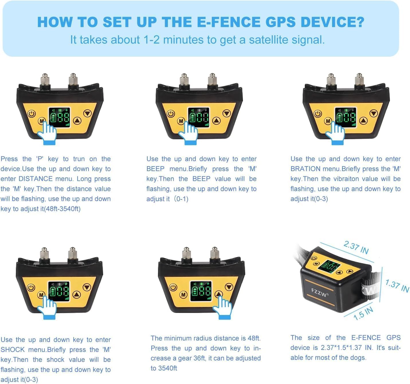 Step-by-step visual guide on how to set up the Plkm GPS Wireless Dog Fence device, showing button presses for distance, beep, vibration, and shock settings.