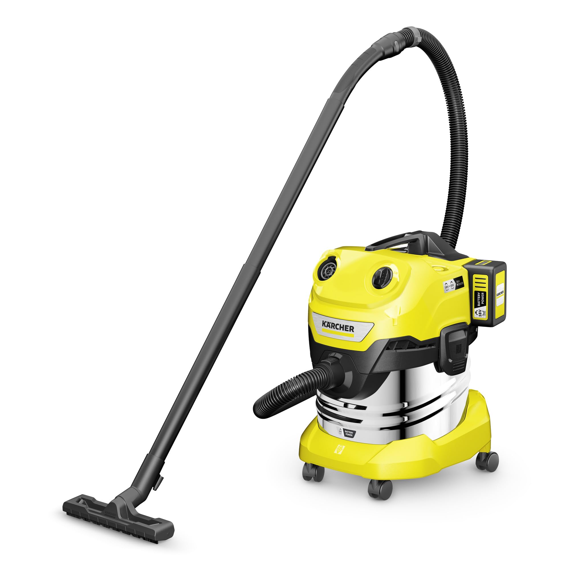 KÄRCHER Aspirateur Eau et Poussières WD 4-18 S Dual Battery Set, Soufflerie, 380W, Cuve 20L, Flexible 2.2m. Inclus : Filtre plissé, Sacs, Buses & Fentes. Puissant, sans Fil et Grande autonomie