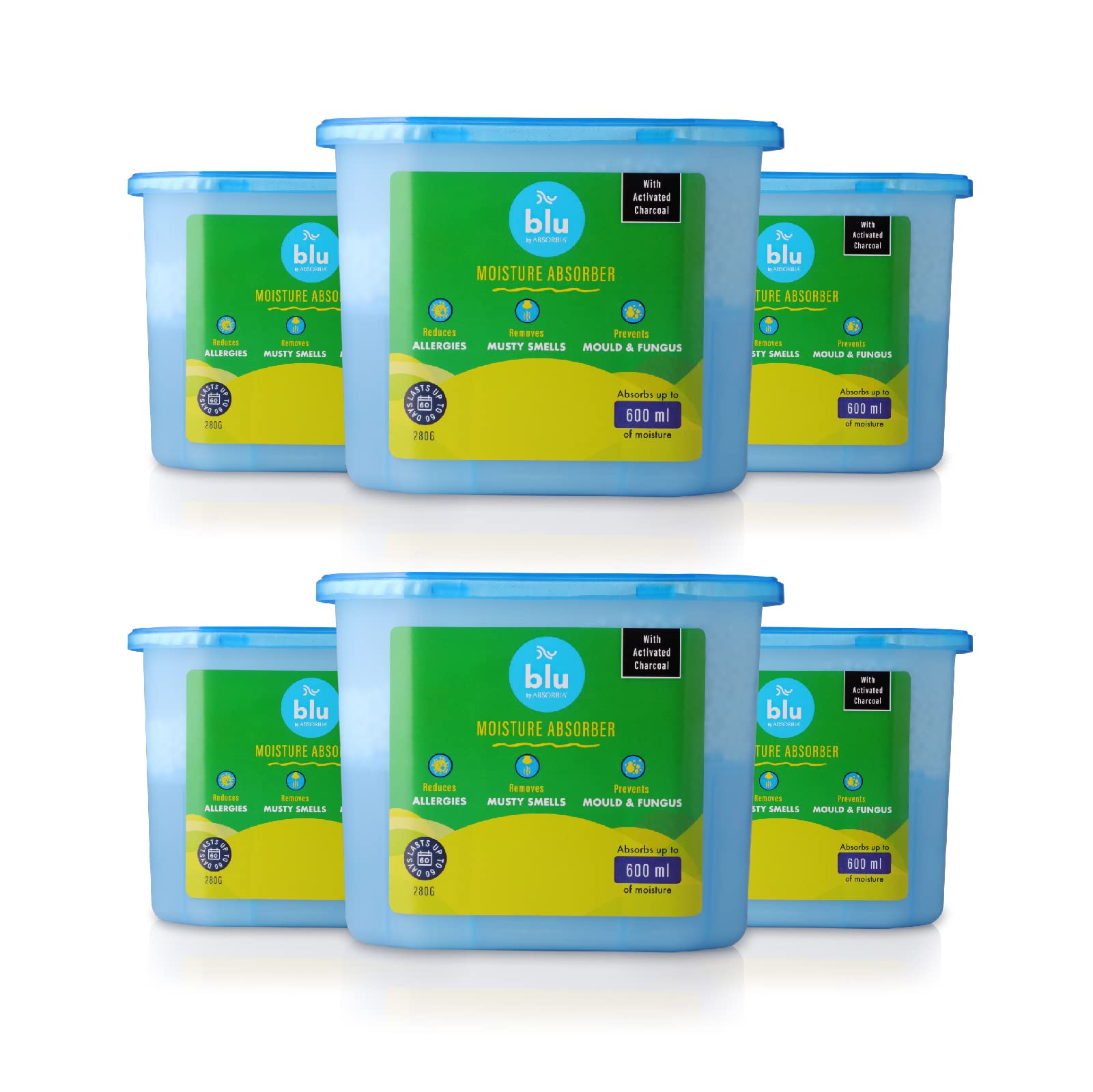 BLU by Absorbia Moisture Absorber with Activated Charcoal Pack of 6 (560ml)