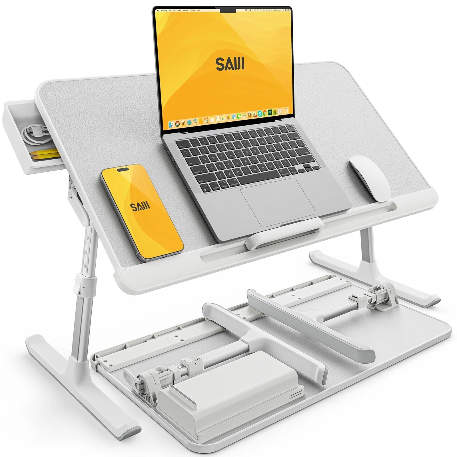 SAIJI Laptop Bed Tray Table, Adjustable PVC Leather Laptop Bed Table, Portable Standing Desk with Storage Drawer, Foldable Lap Tablet Table for Sofa Couch Floor (Large,White)