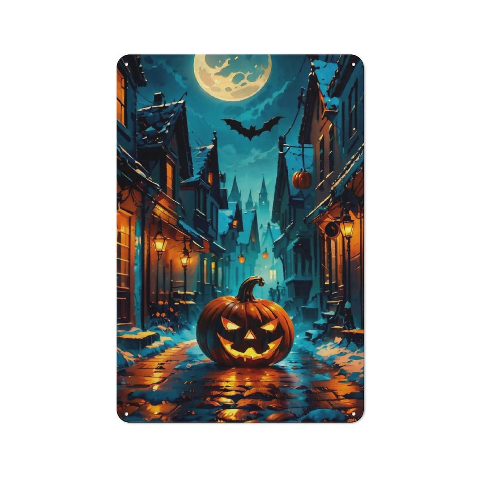 For Café Or Restaurant, Night Street And Pumpkin Rustic Metal Plaque 30x20cm, for Hospitality Interior Collectors Refreshing A Room in Autumn
