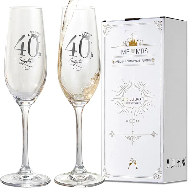 iooiluxry 40th Anniversary Wedding Gifts, Champagne flutes 40th Anniversary Decorations Champagne Glasses with Rhinestones 40th Gift for Married Couples, Relatives, Parents