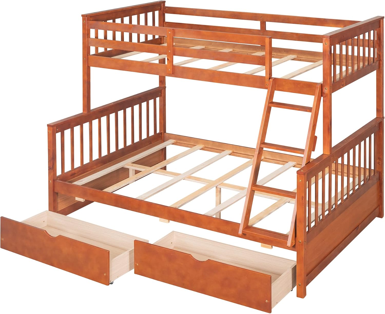 Twin Over Full Bunk Bed with Two Storage Drawers, Solid Wood Bunk Bed Frame Can be Converted Into 2 Separate Beds, Bedroom Furniture Bunk Bed with Ladders for Kids Teens Adults (Walnut)