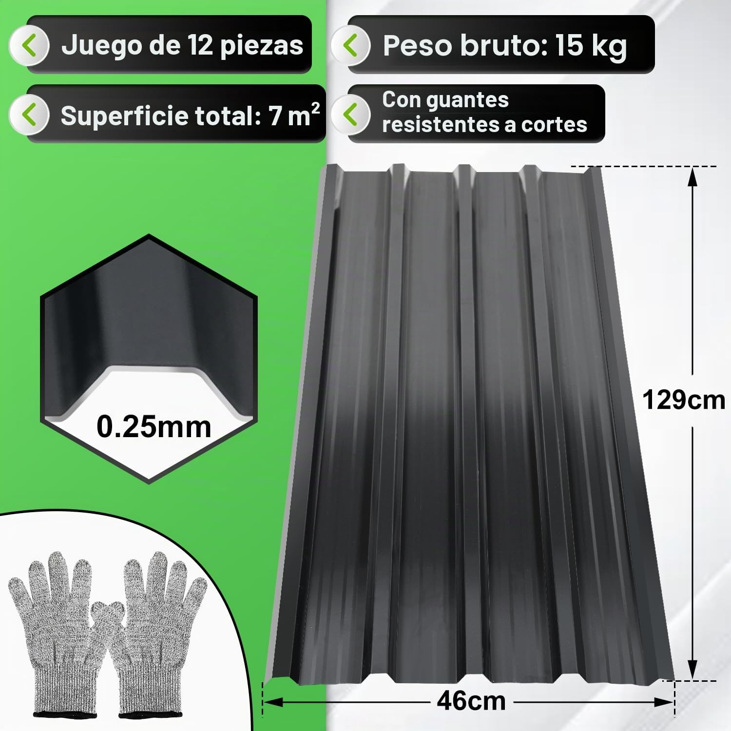 Chapa trapezoidal de 129 x 46 cm, 7 m², chapa perfilada, galvanizada, 0,25 mm, resistente a la corrosión, con guantes, chapa ondulada para garaje, color antracita