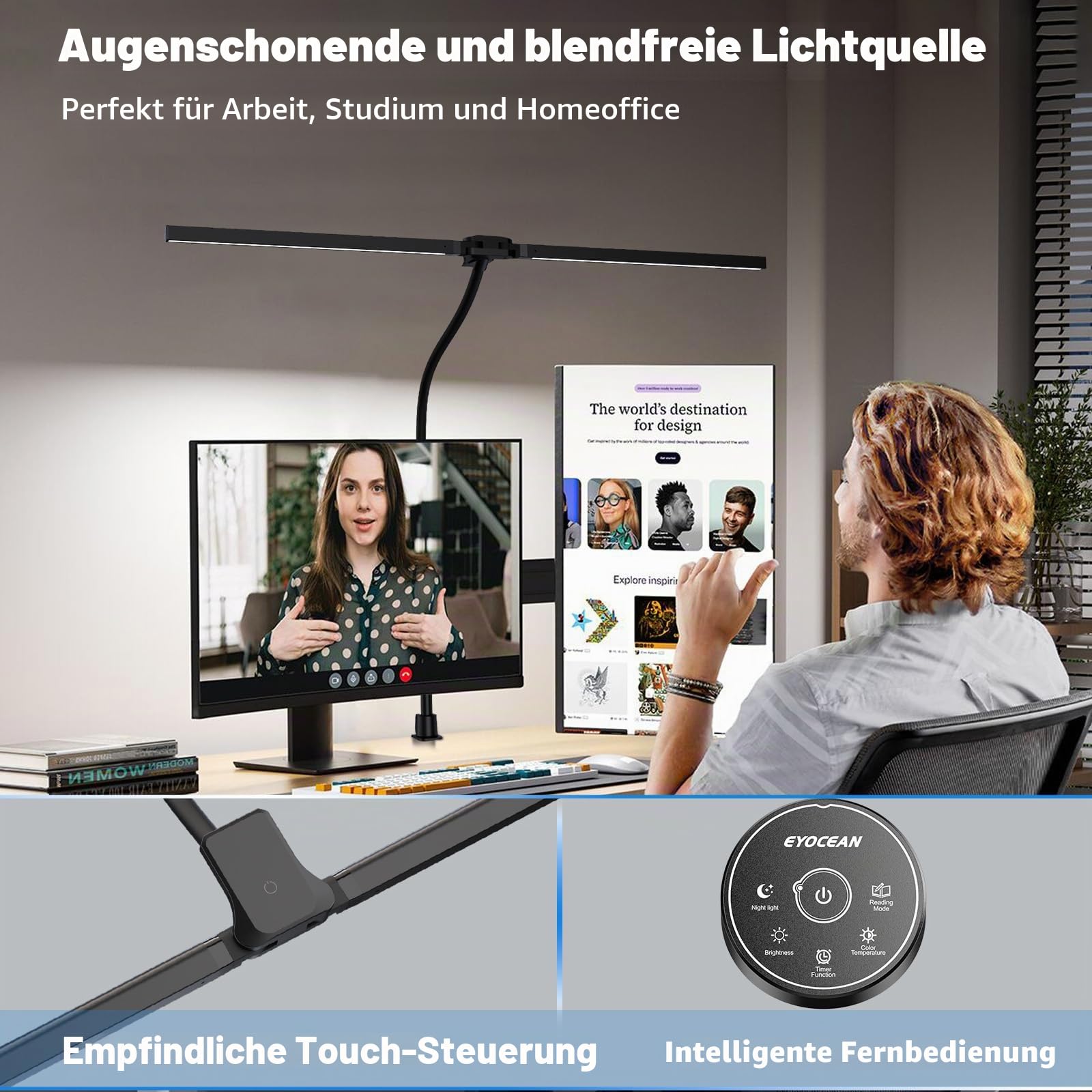 EYOCEAN Schreibtischlampe, Doppelkopf Schreibtischlampe Klemmbar, 24W 80cm Tageslichtlampe Schreibtisch mit Fernbedienung, Dimmbare Monitor Lampe, Büro Tischlampe, Augenschutz Bildschirmlampe