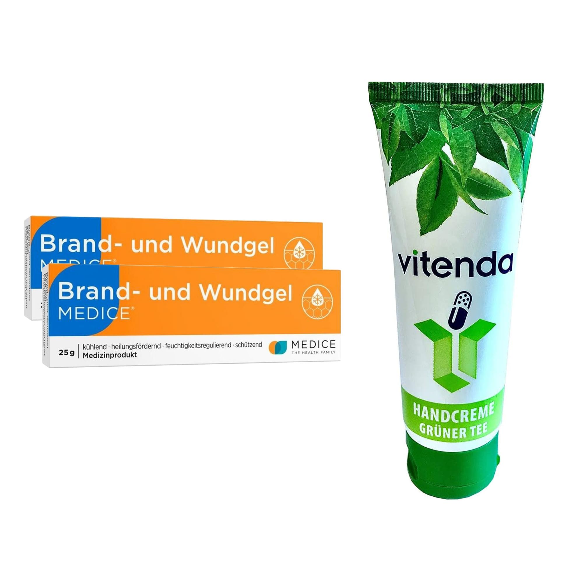 Set: Brand- und Wundgel zur Hautberuhigung bei Verbrennungen, Sonnenbrand & Insektenstichen mit Medice, 2x25g – inkl. vitenda Handcreme