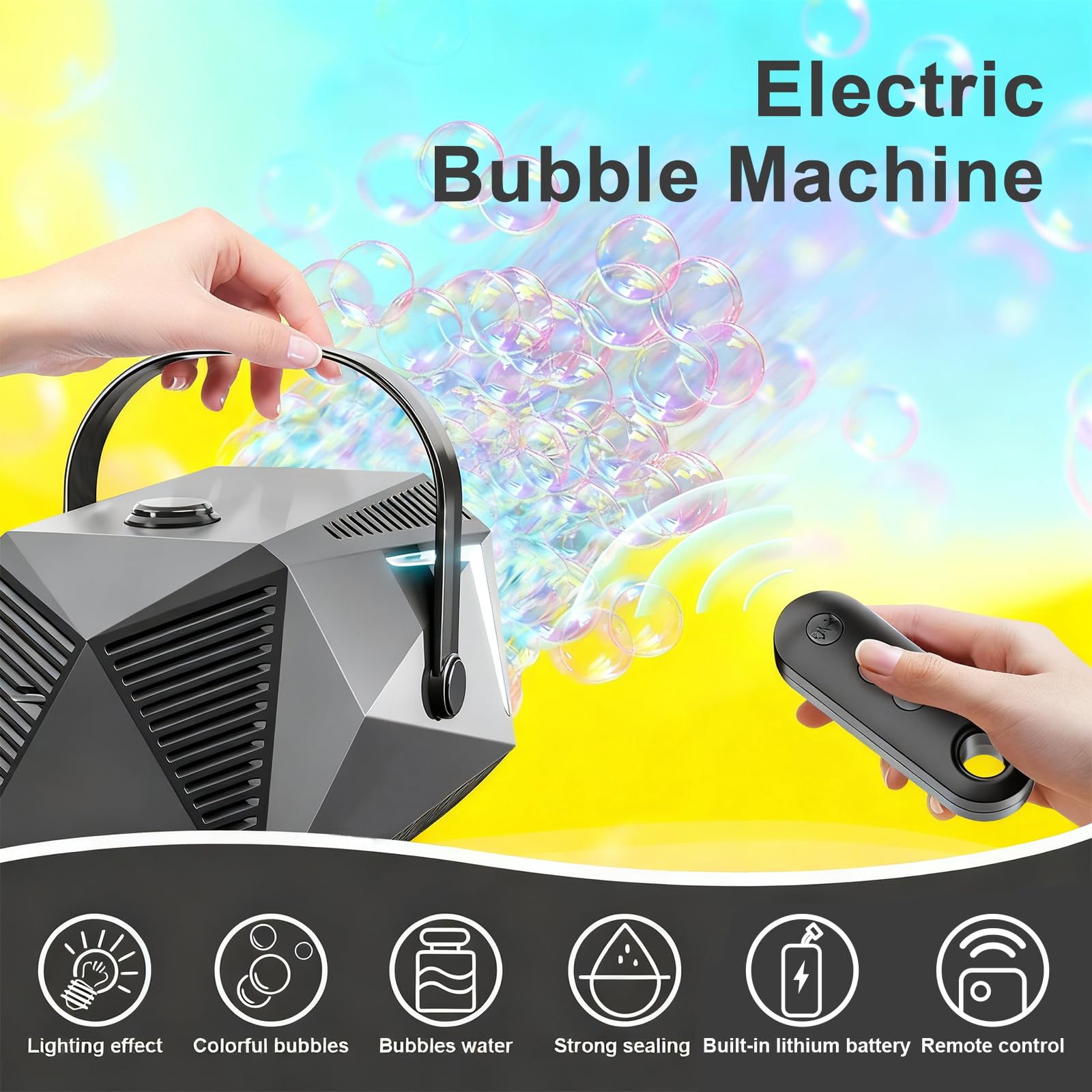Macchina per Bolle con Telecomando & Luci RGB, 1800mAh Batteria Ricaricabile USB-C, Automatica e Portatile per Bambini, Matrimoni, Feste di Compleanno, Natale (Nero)