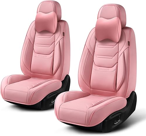 Miniatura 8 de Fundas de asiento delantero de coche color rosa con reposacabezas, cuero transpirable, 1 par de ajuste universal para sedanes, SUV, camiones