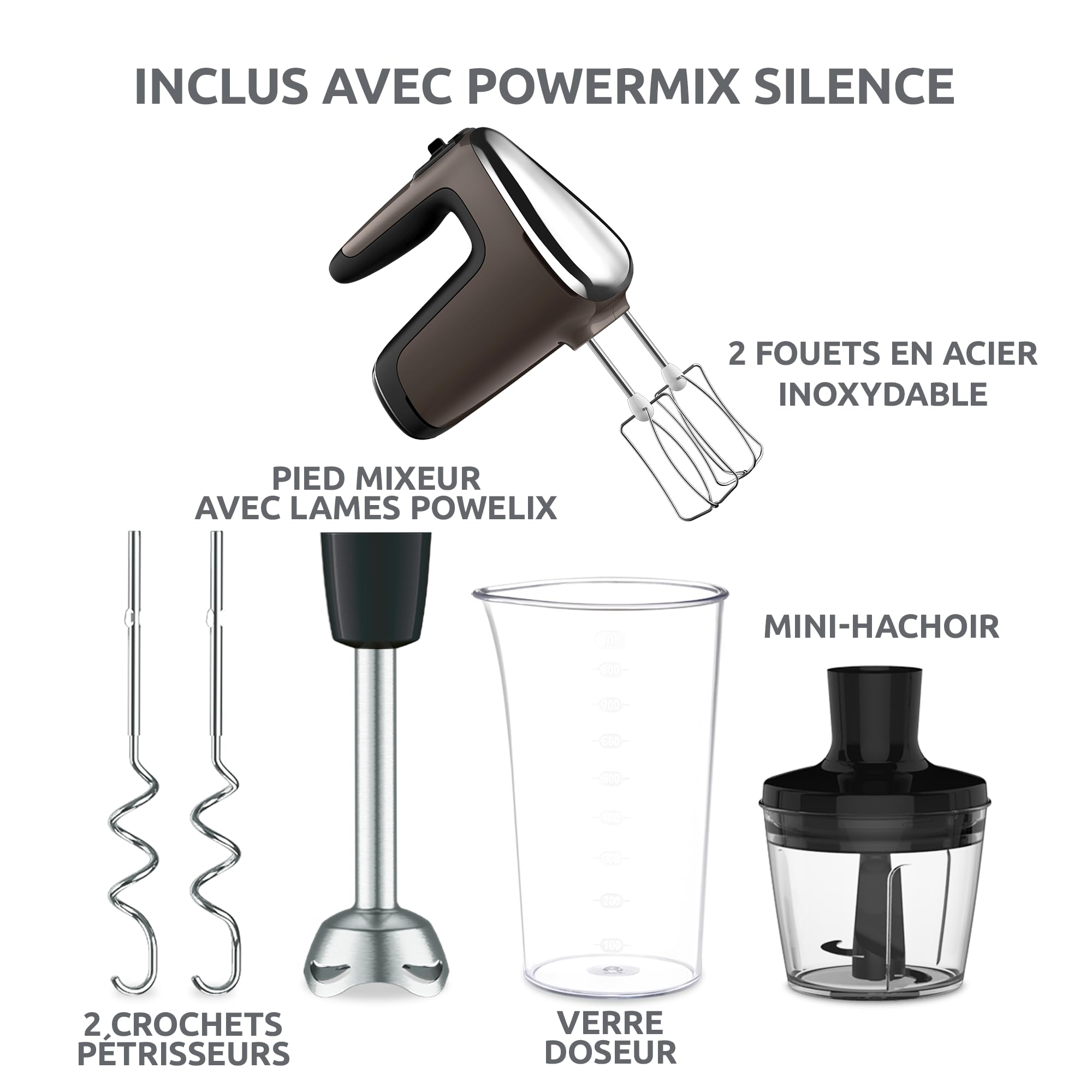 Moulinex Powermix Silence Batteur à main, 600 W, Variateur de vitesse, Turbo, 2 fouets, 2 crochets pétrisseurs, Pied mixeur en acier inoxydable, Mini hachoir HM653910, Argent