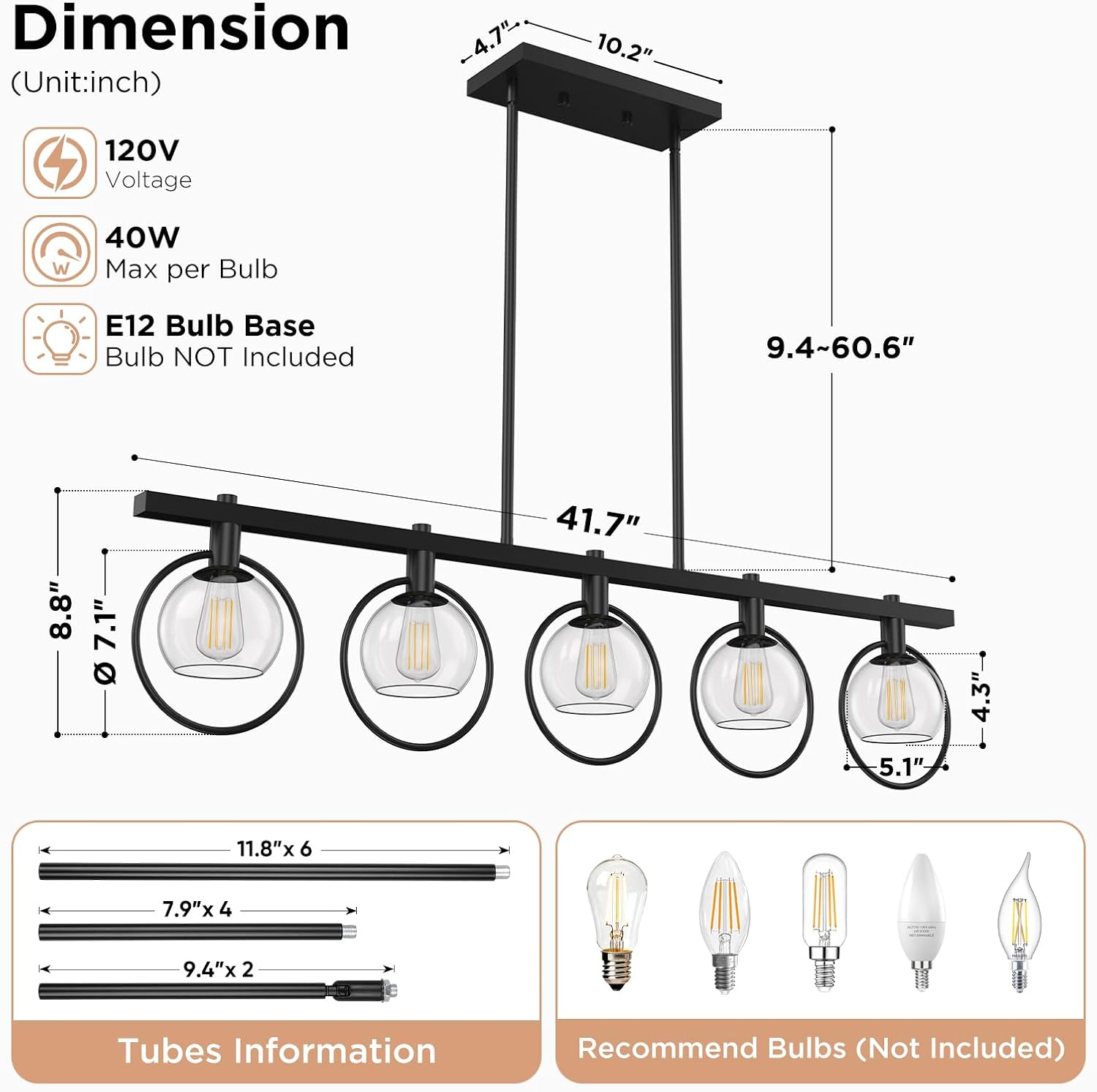 ropelux Dining Room Light Fixture, 5-Light Chandelier for Kitchen Island Over Table with E12 Socket(Bulb not Included), Black Rustic Hanging Pendant Light Fixtures with Clear Gray-Tinted Lampshade