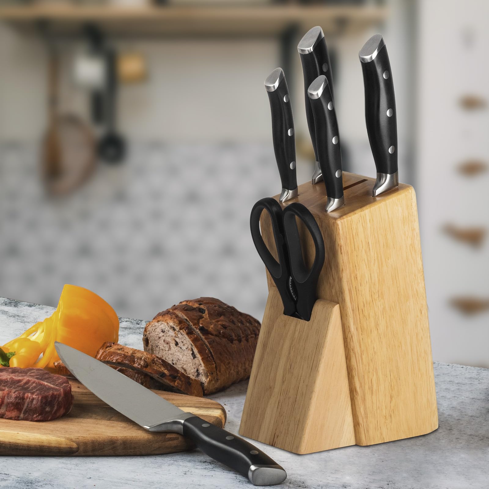 Set di 7 coltelli con Ceppo, 7 Pezzi, Chef, per Pane, Coltello a Fette, Multiuso Spelucchino, Forbici da Cucina Multifunzione e Blocco Coltelli, Manico Ergonomico