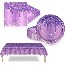 41Pcs Purple Diamond Party Tableware Set for Her Women Girls,Glitter Disposable Dinnerware with 20 Purple Paper Plates,20 Napkins,Plastic Table Cloth for Kpop Party, Women Girls Birthday,Wedding Decor