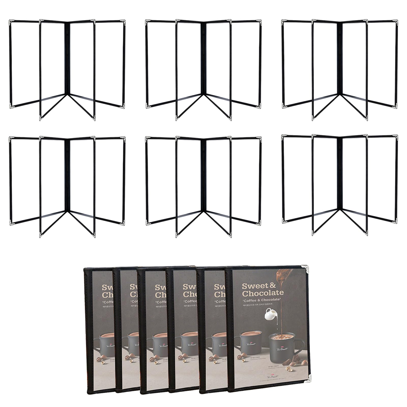 Porte-Menus, Lot de 6 Porte-Cartes de Menu Pliables A4 Protege Menu Transparents à Double Vue avec Surface Imperméable et Protection des Bords Porte Menu 4 Pages 8 Vues pour Restaurants Hôtels et Bars