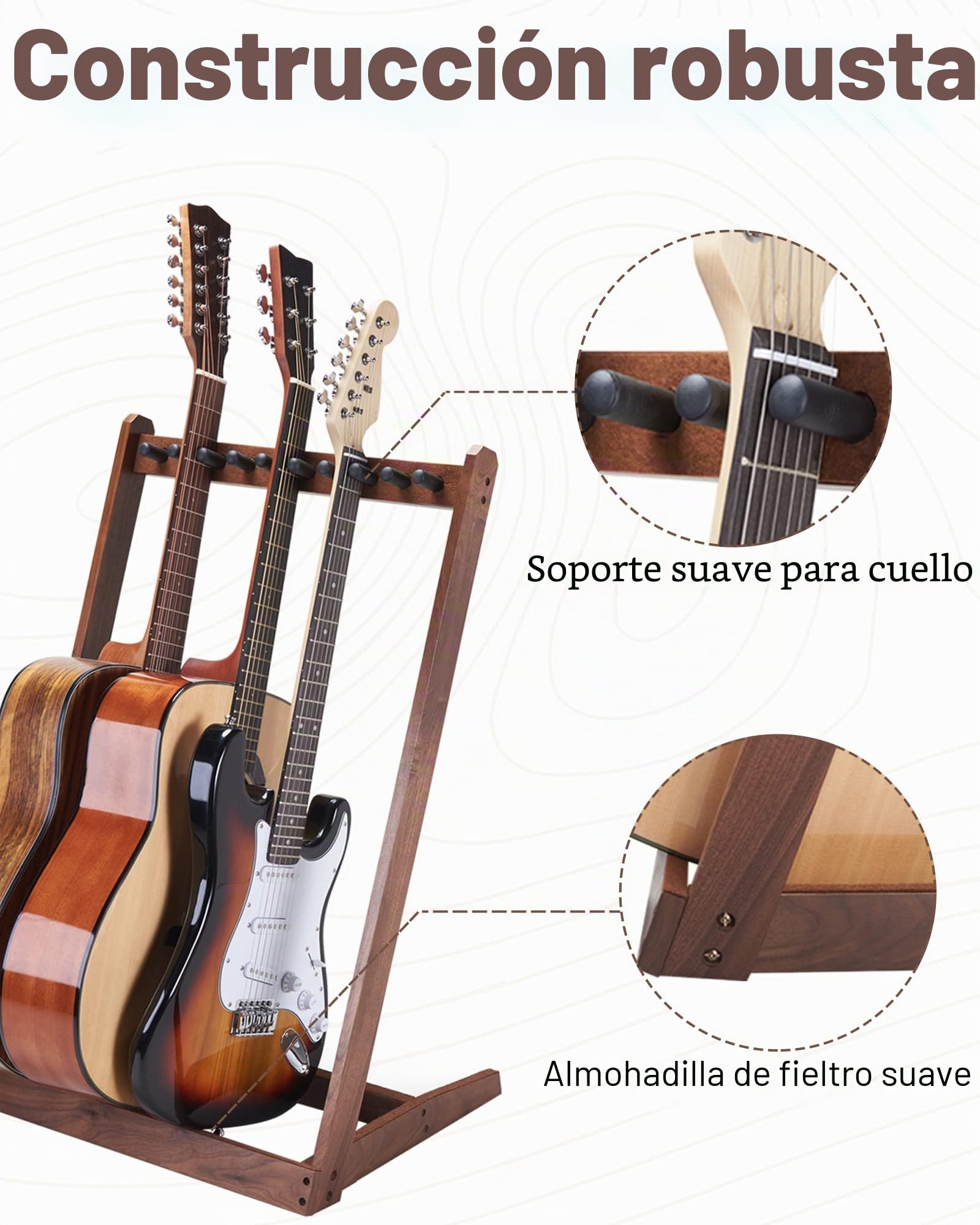 Soporte para múltiples guitarras, soporte para guitarras de madera dura para 3 guitarras acústicas, 5 eléctricas o bajos, Soporte acústico de suelo de madera para el hogar y el estudio