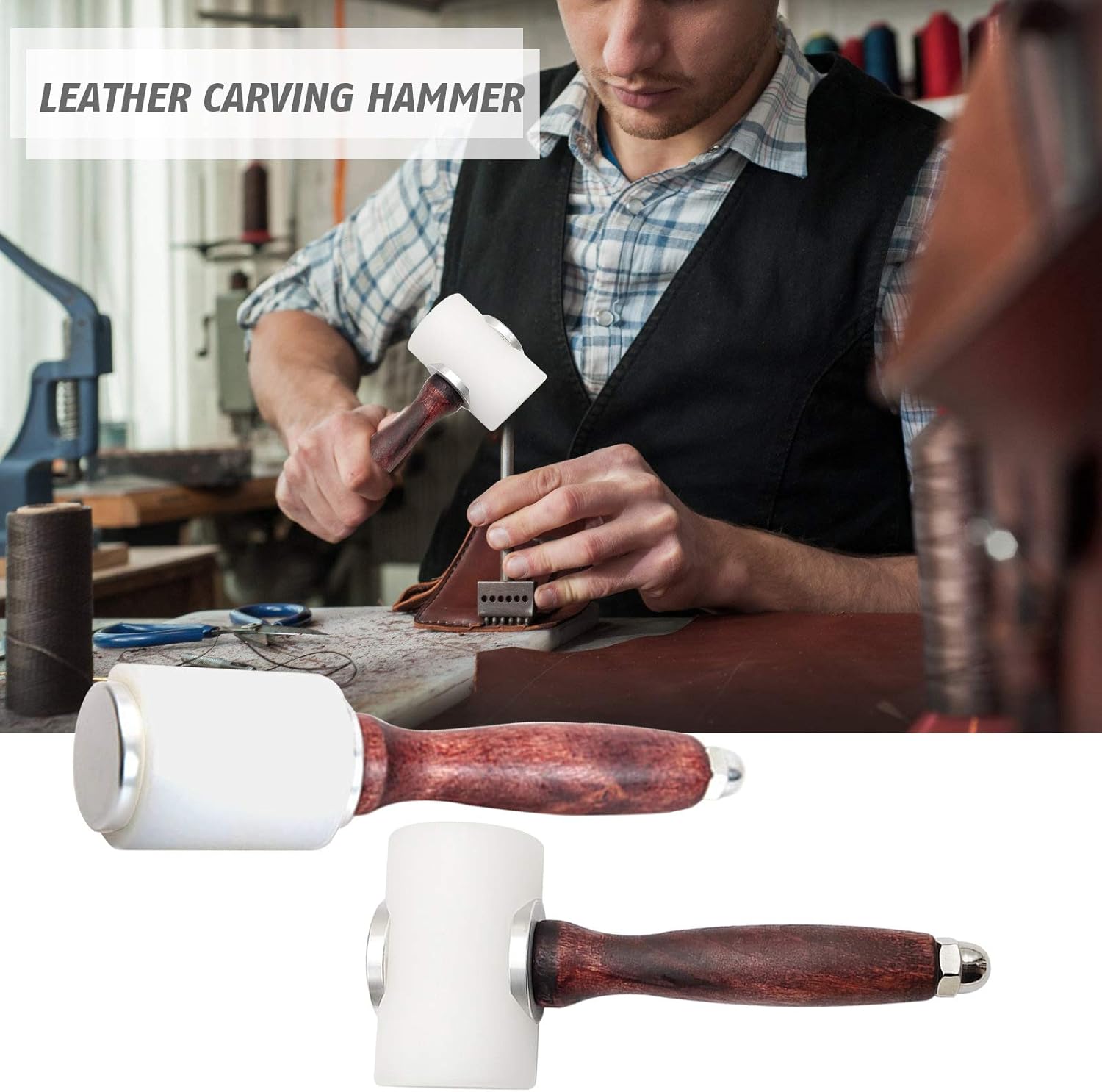 Leather Carving Nylon Hammer Durable DIY Handmade Leather Printing Tools Professional T Head/Straight Head Leathercraft Accessories Hole Punchiing Tools with Comfortable Wood Handle