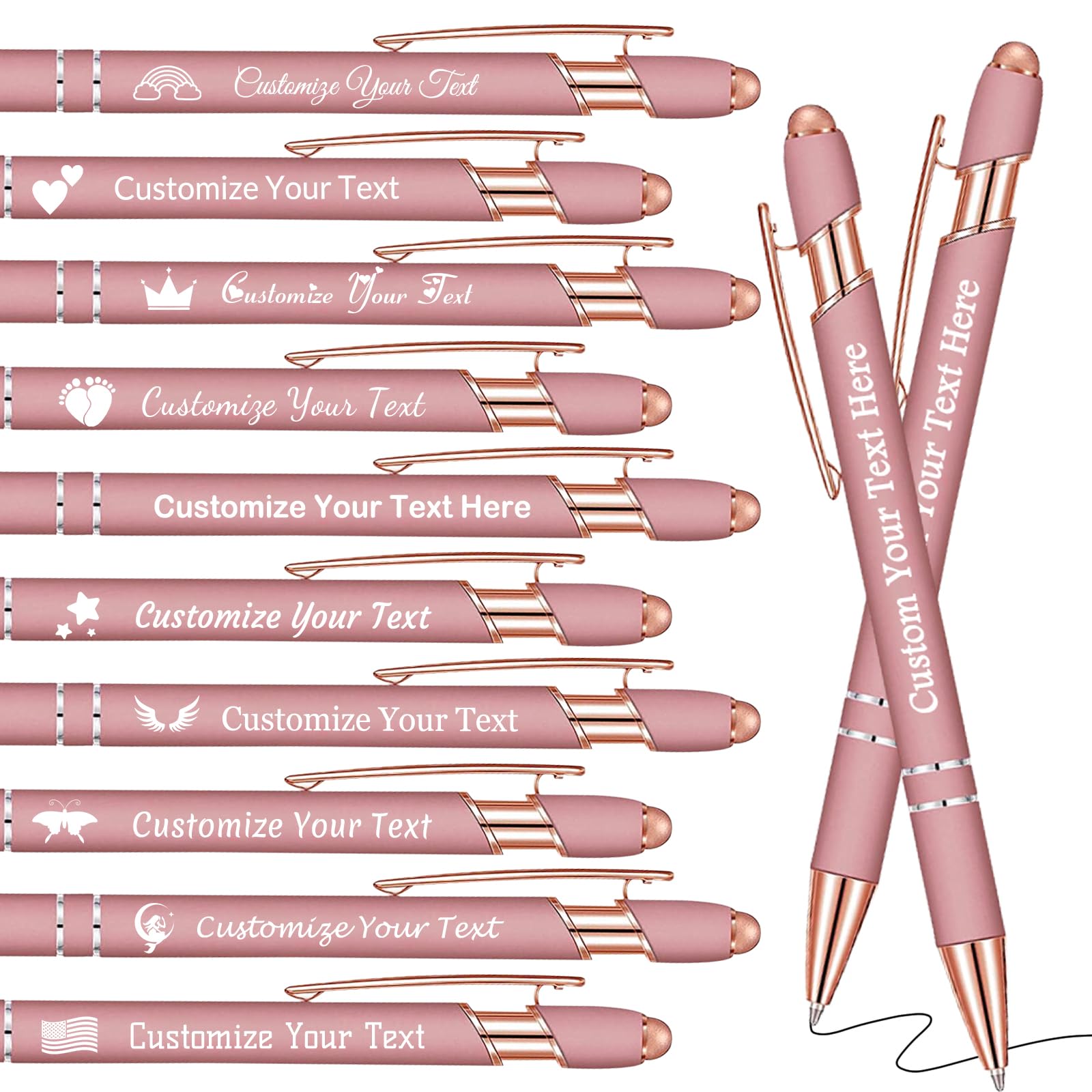 Personalised Pens Bulk Custom Pens with Logo Name 10 Pack Free Engraved Stylus Ballpoint Pens Customised Retractable Pen Message Text Gift for Men Women Black Ink Business Graduation Birthday Rose Red