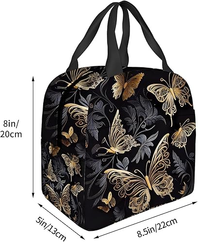 Miniatura 4 de OOZ Rportable - Lonchera para mujeres y hombres, aislada, reutilizable, para oficina, trabajo, picnic, playa, mariposas doradas sobre fondo negro,
