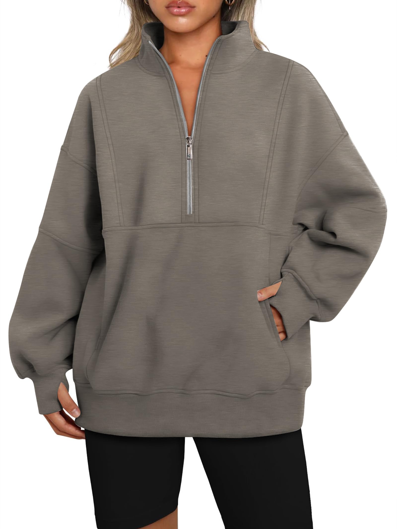 Women Half Zip Long Sleeve Pullover Sweatshirts Solid Relaxed Fit Winter Fleece Hoodies with Pocket S-XL