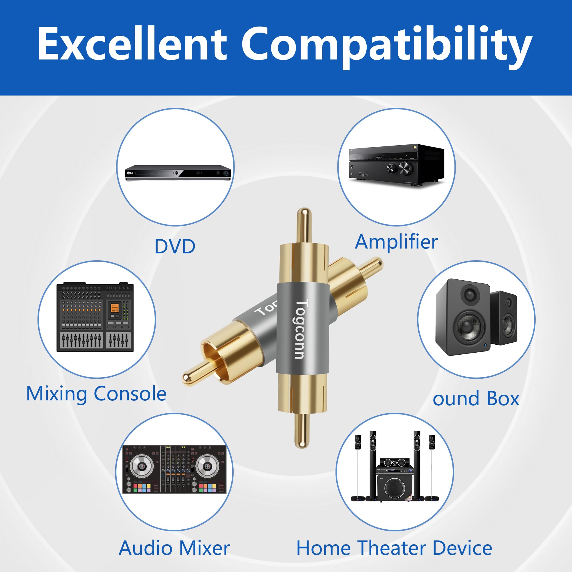 Paquete de 4 adaptadores RCA, 2 acopladores RCA hembra a hembra y 2 acopladores RCA macho a macho, chapado en oro para extensión de cable RCA, altavoz, amplificador