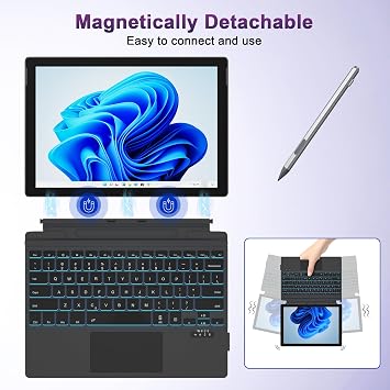 Surface Pro 11/10/X/9/8 Keyboard, Bluetooth Wireless Magnetic Keyboard with 7 Color Backlit, Multi-Touch Trackpad, Rechargeable Battery