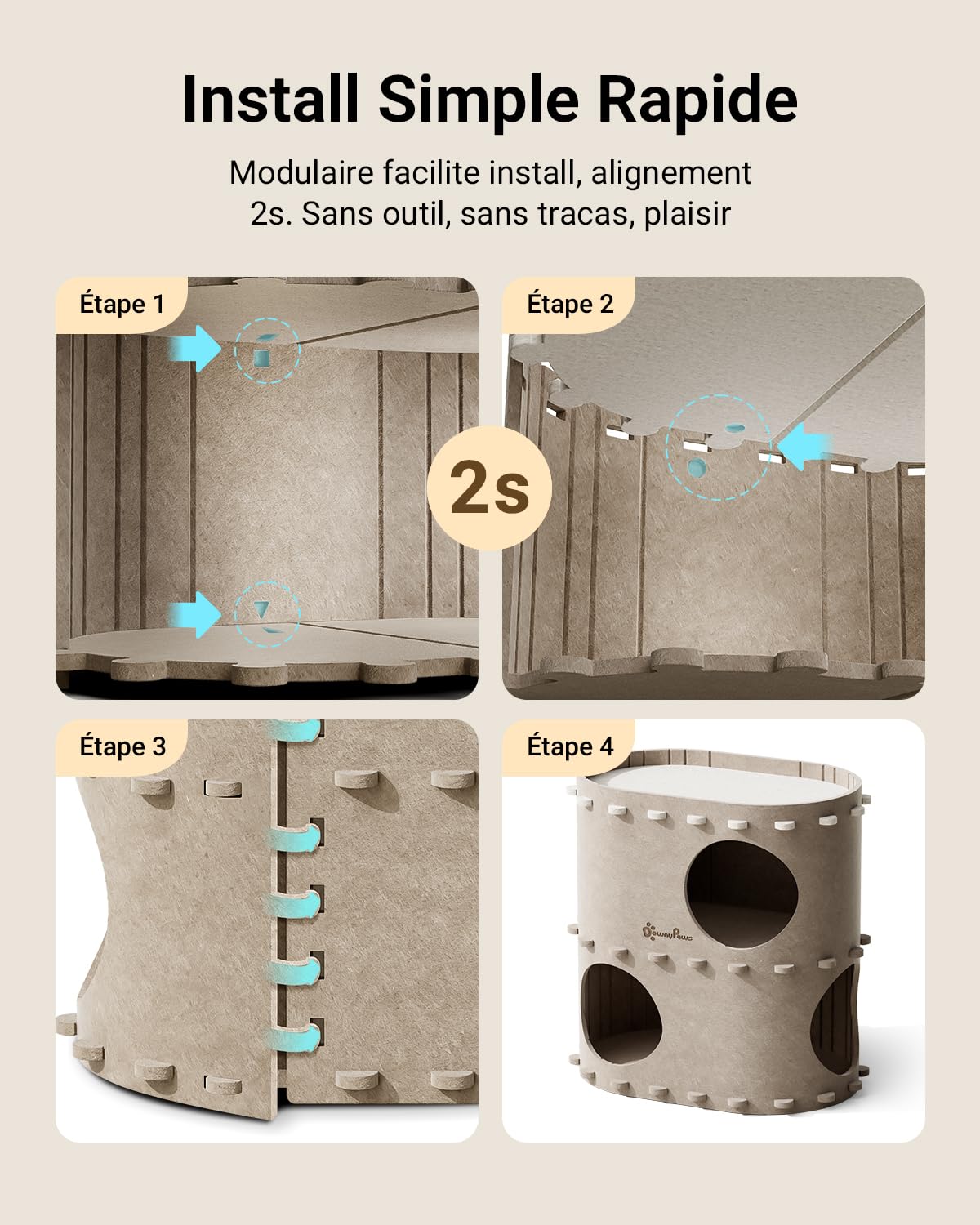 DownyPaws Grotte à Feutre, lit pour Chat à 2 Niveaux, 50 x 33 x 50 cm, Château-Maison de Jeu, Design Chaleureux, Protège Les Griffes, Beige