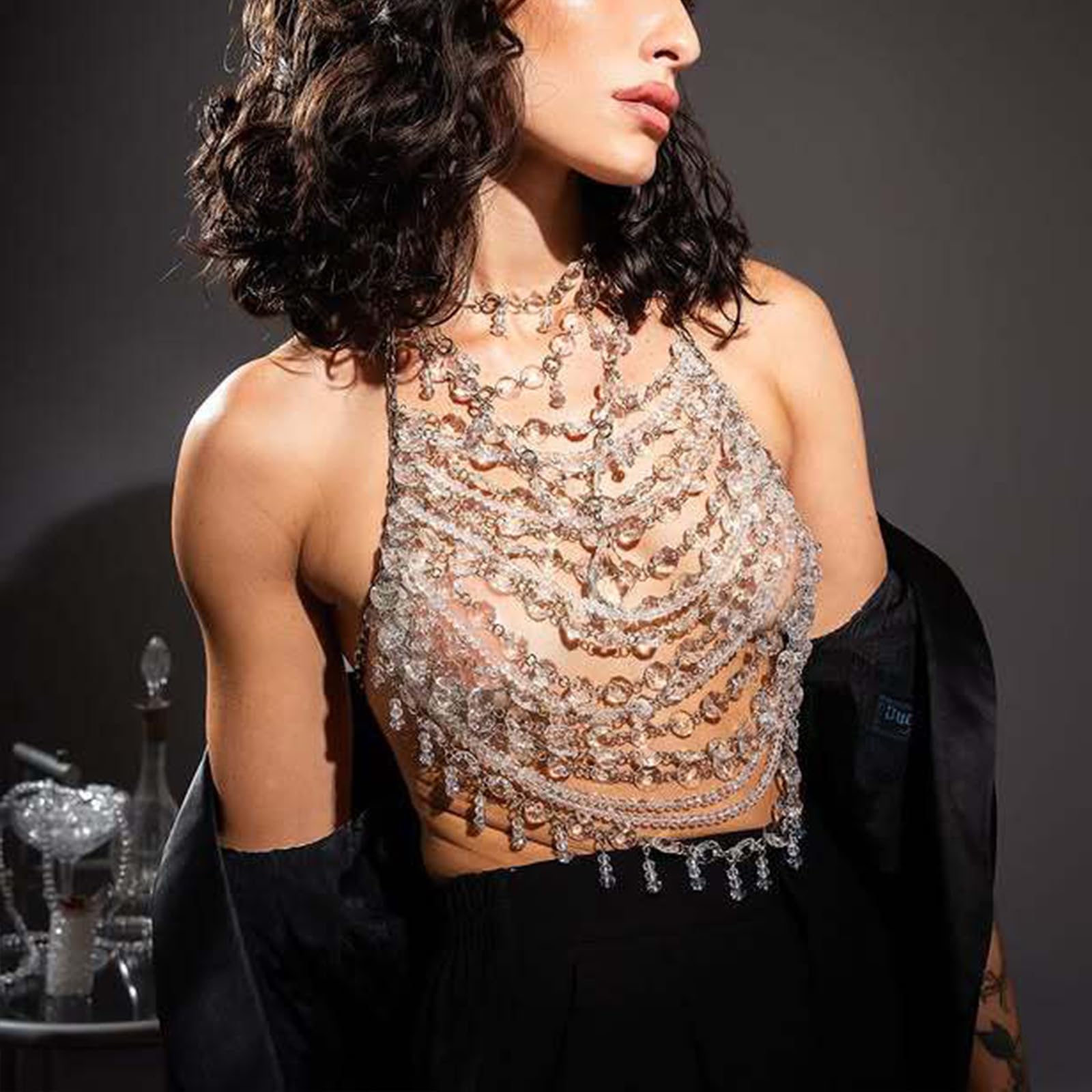 Top Corto De Joyería Para Cuerpo Adornado Con Cristales De Lujo Para Mujer Para Discotecas Y Eventos Collar De Cadena Para Cuerpo De Múltiples Cadena De Sujetador De Playa Para Fiesta De