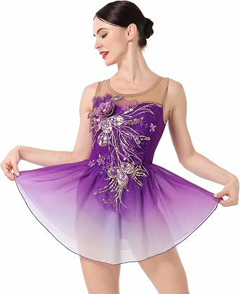 Figure Skating Dress for Women Ice Skating Costume Shiny Sequins Flower Dance Leotard Gradient Chiffon Flowy Skirt