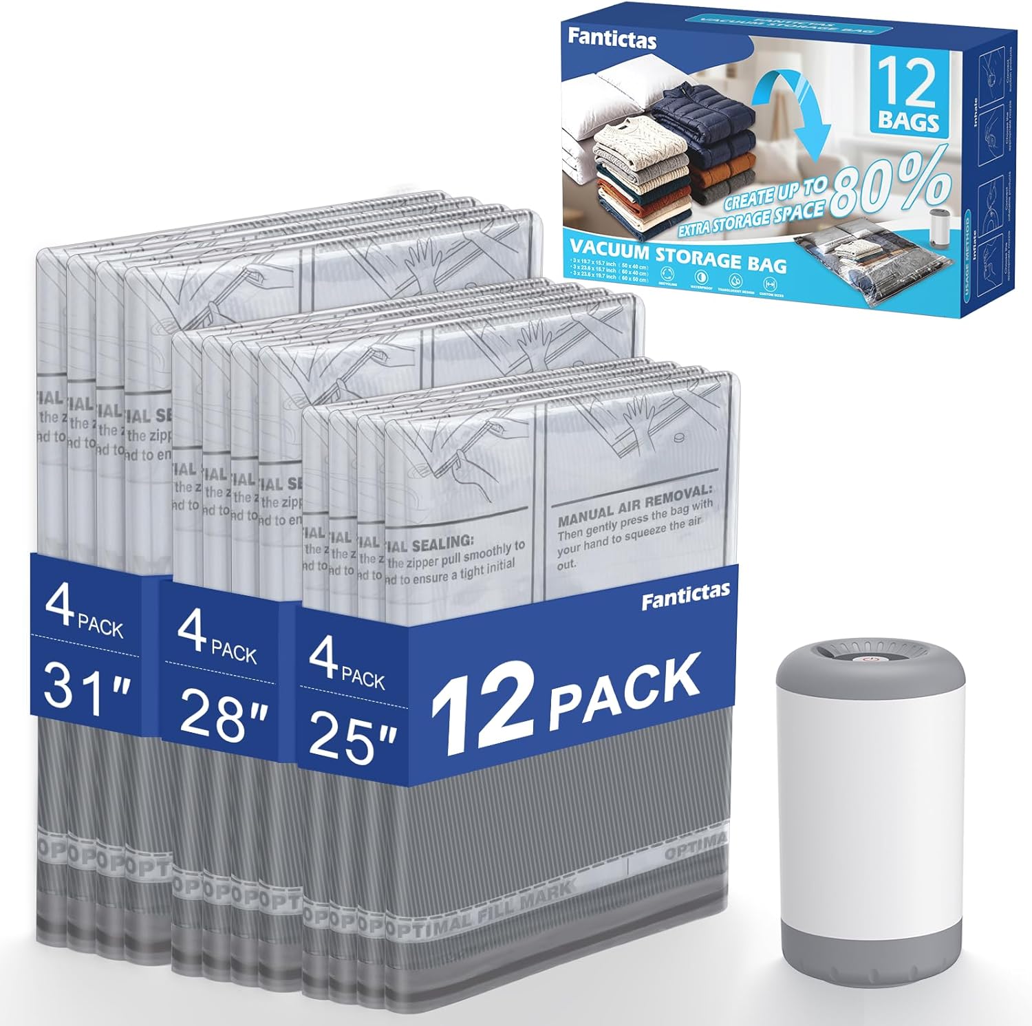 Fantictas Travel Vacuum Storage Bags with Rechargeable Air Pump, 12 Pack Portable Space Saver Compression Bags for Clothing, Bedding, Seasonal Storage & Packing