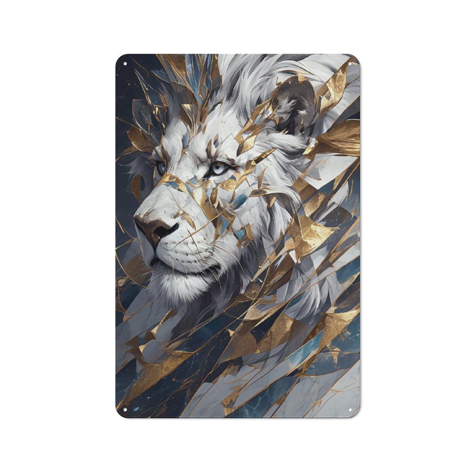 Junmoney Style-2 Workshop Style Abstract Lion Portrait With Gold Accents Tin Sign 30X20cm, Workshop Wall Decor For Tool Room, Garage, Studio Or Home Bar