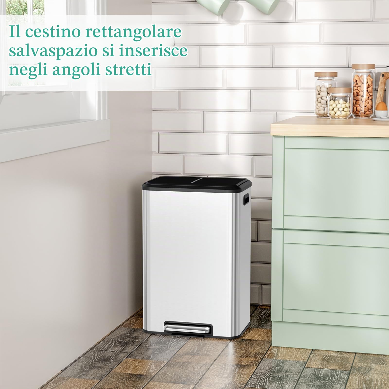 LIFERUN Pattumiera da Cucina 40 L, Acciaio Inox, Secchio in Plastica Rimovibile, Cestino a Pedale con Coperchio Maniglie Chiusura Morbida, Colore Argento