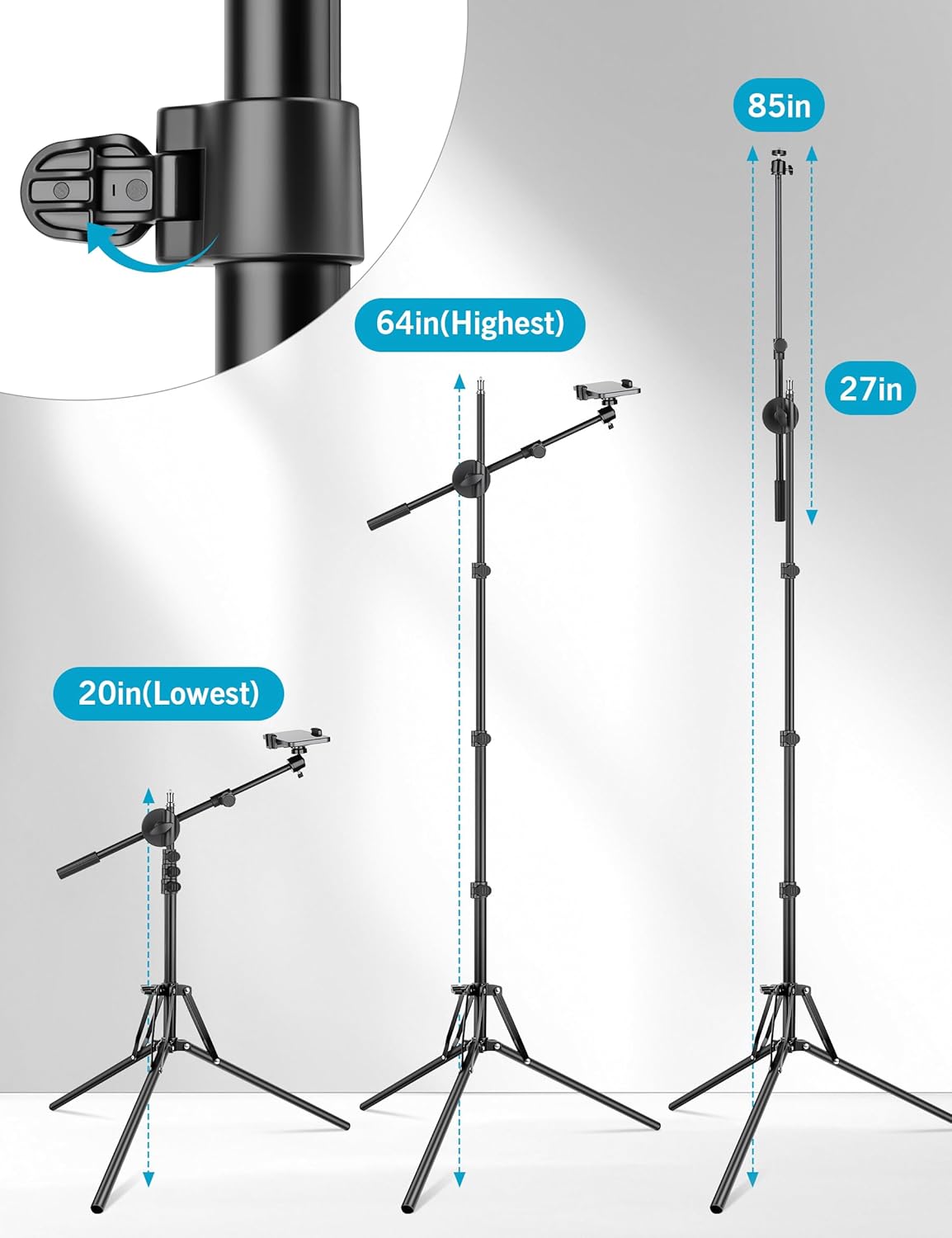 Overhead Tripod for iPhone, 64" Phone Tripod Stand with 25" Long Extendable Arm & Remote, 360° Rotating Overhead Phone Mount for Video Recording, Live Streaming, Cooking