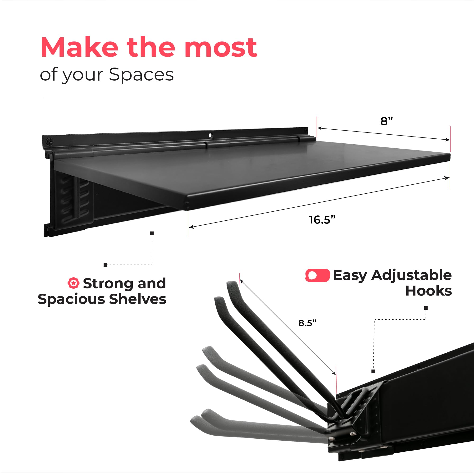 Heavy-Duty Garage Wall Storage System | Wall Mounted Tool Organizer Rack With Shelving | 10-Piece Mounting Kit | Includes 4x10" Double-Layered Hooks & 2x16.5" Floating Utility Shelves - View #8