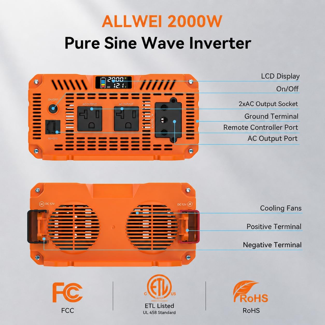 2000W Pure Sine Wave Power Inverter 12V DC to 120V AC, ETL Listed to UL 458