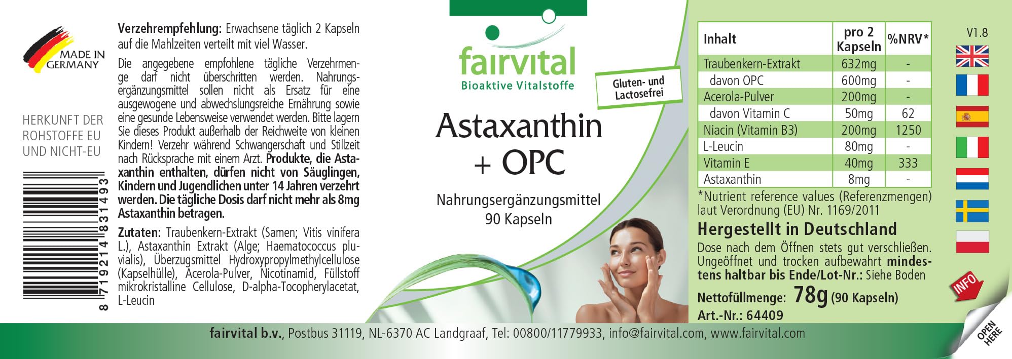 fairvital Astaxanthin + OPC, 90 Kapseln, mit OPC, Astaxanthin, Acerola mit Vitamin C, Nicotinamid (Vitamin B3) und Vitamin E, qualitätsgeprüft und hochdosiert, 100% vegan, Made in Germany