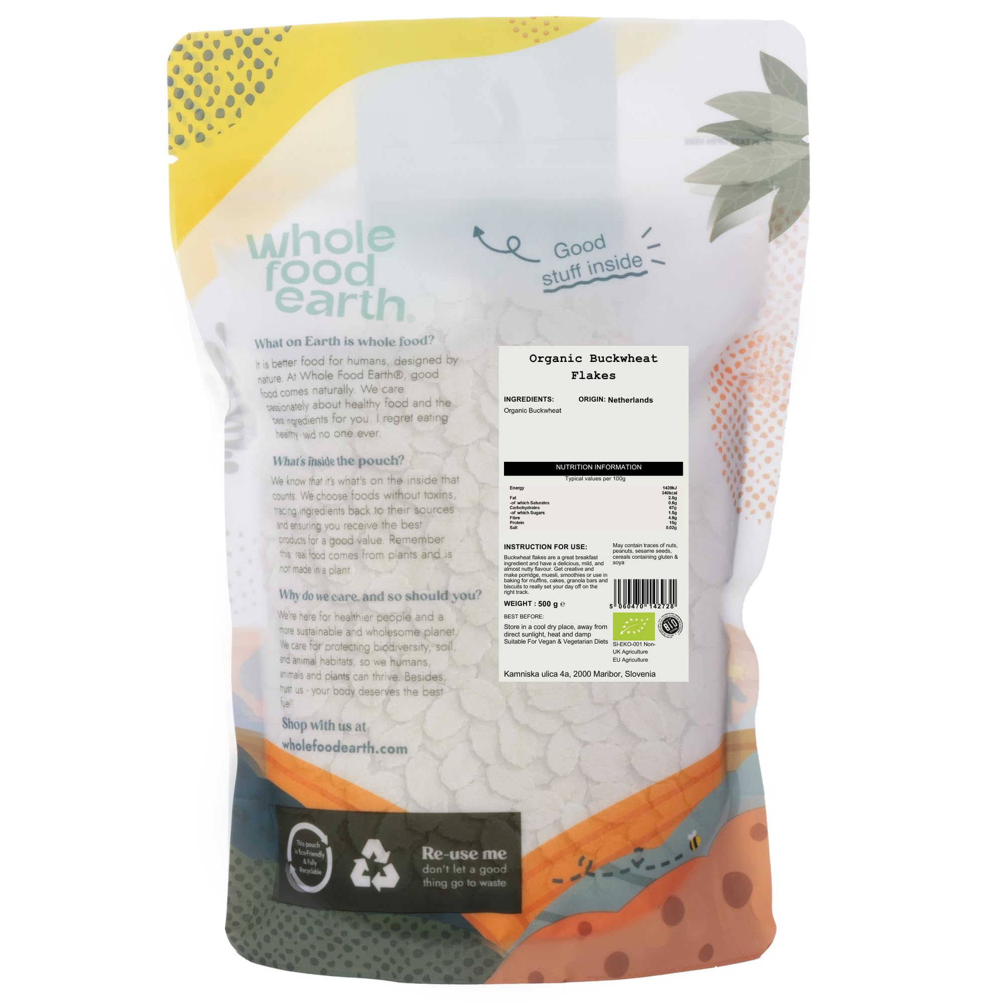 Wholefood Earth Copos de trigo sarraceno ecológico 500 g vegano fuente de fibra