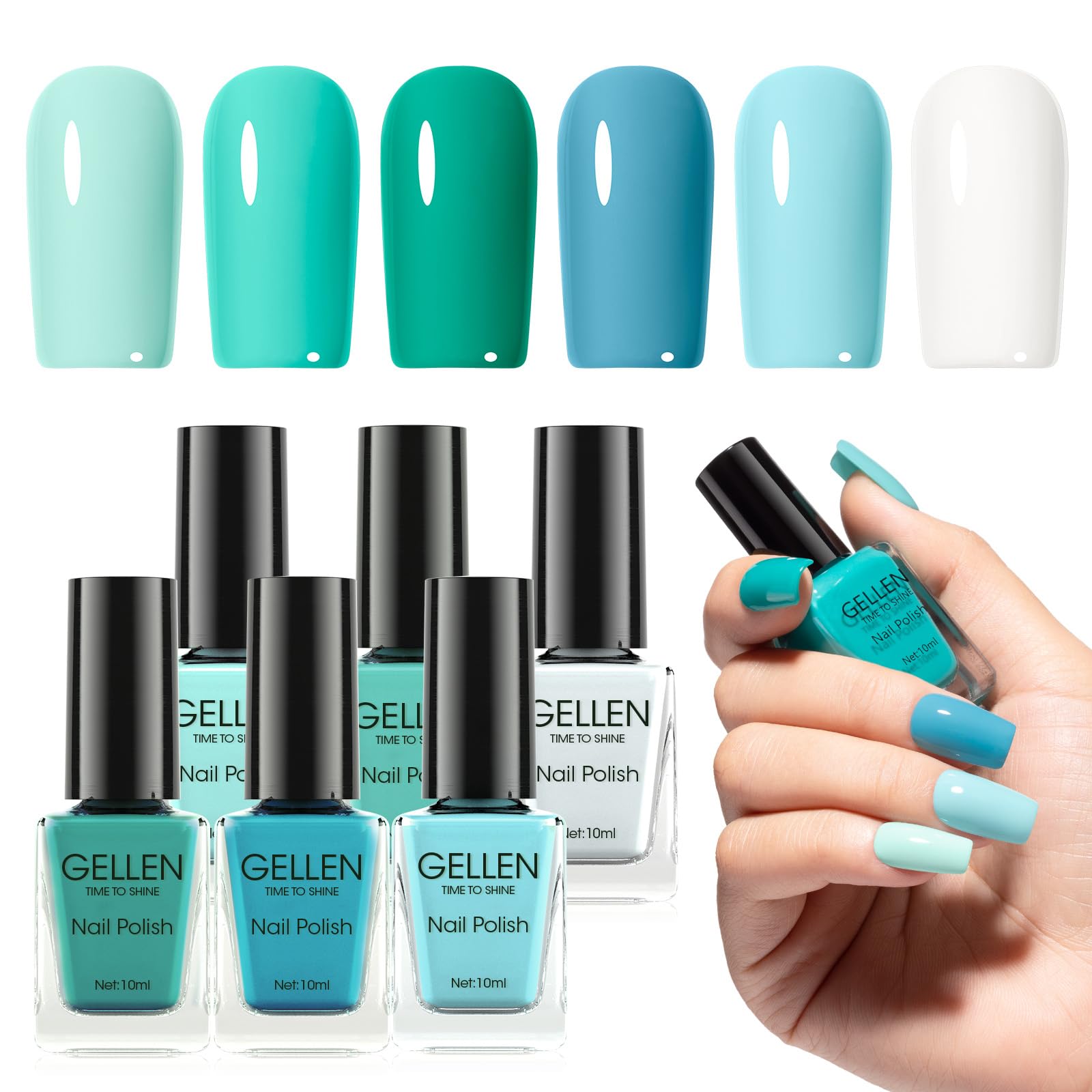 GELLEN Teal Regular Nail Polish Non Gel, Fast Air Drying Mint Turquoise Nail Polish No UV Light Needed Spring Summer 6 Colors Blue Green Set for Women