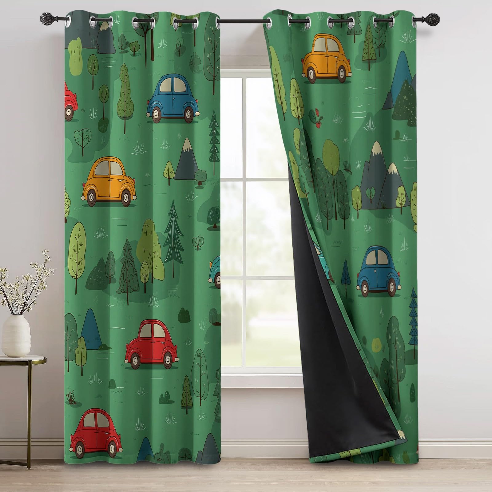 Zasłony zaciemniające z oczkami 140 l x 260H cm (2 panele), drukowane słodkie samochody z kreskówek zasłona termoizolacyjna odporna na zimno i ciepło do sypialni dla dorosłych i salonu, góry zielonego