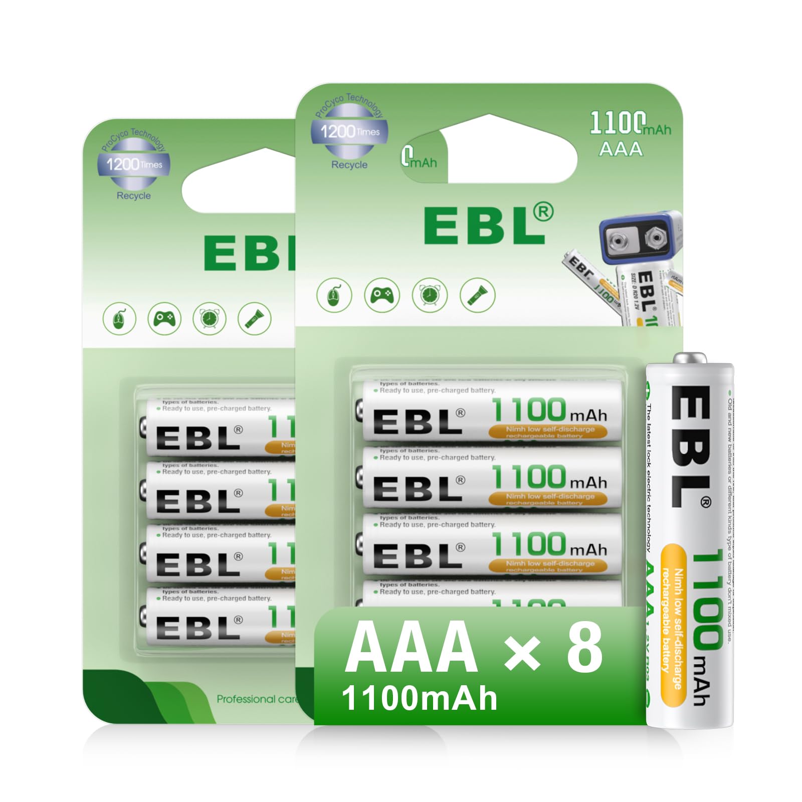 EBL Rechargeable AAA Batteries 1100mAh Ni-MH Triple A Batteries Precharged Long Lasting AAA Battery - 8 Counts