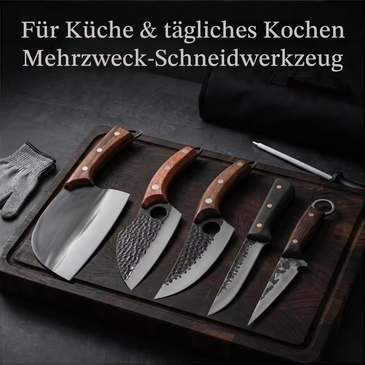 KLYTE 8-teiliges Messerset: Hackmesser & Kochmesser für BBQ | Perfektes Koch set für Männer & Grillset. Inkl. Metzgermesser, Tasche & Handschuh. Ideal als Camping Messer mit Holzgriff.