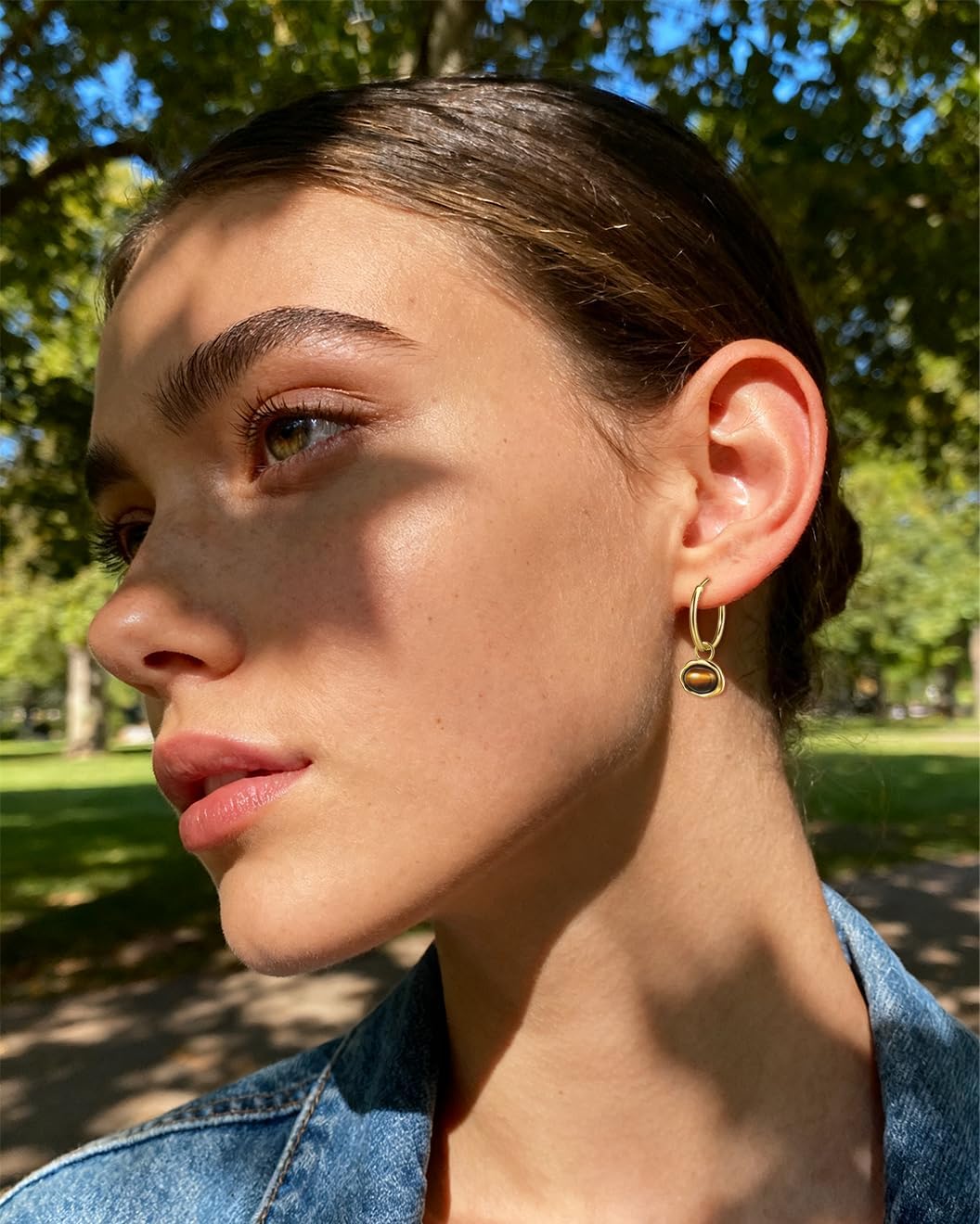 Tiger Eye Earrings for Women, 14K Gold Plated Dangle Earrings with Brown Gemstone, Hypoallergenic Bohemian Jewelry Gift - Image 2