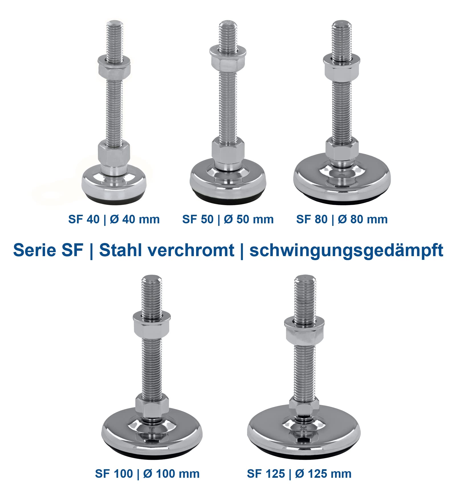 Schwaderer Maschinenfuß/Stellfuß/Nivellierfuß/Gelenkfuß, höhenverstellbar SF 80, Ø 80mm, Gewindegrößen M8-M24x1,5, Stahl verchromt, (M24x1,5x300)